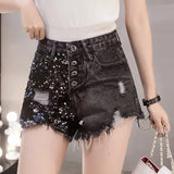 High-Waisted Sequin Denim Shorts with Tassel and Patchwork – High Street Style