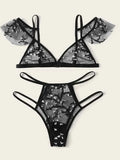 Floral Embroidery Sheer Mesh Lingerie Set