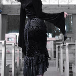 Goth Dark Vintage Ruffle Mermaid Midi Skirt - Gothic Grunge Elegance