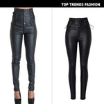 Edgy High-Waisted Faux Leather Skinny Pants with Side Lace-Up Detail