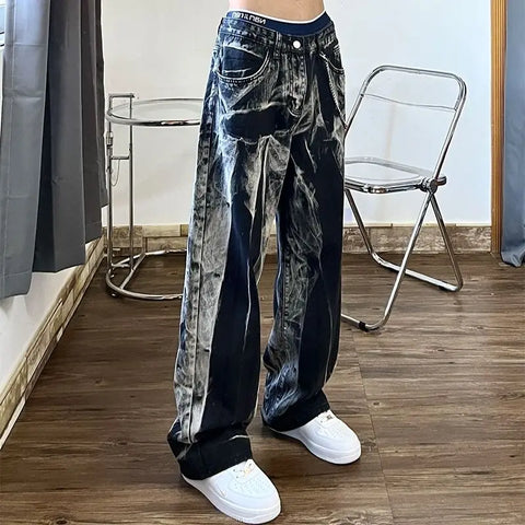 High-Waisted Tie-Dye Baggy Jeans – Vintage Wide Leg Pants