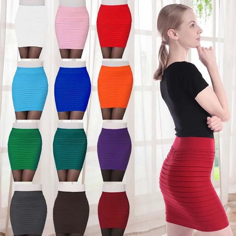 Short Elastic Pleated High Waist Slim Mini Skirt - Casual Pencil Silhouette