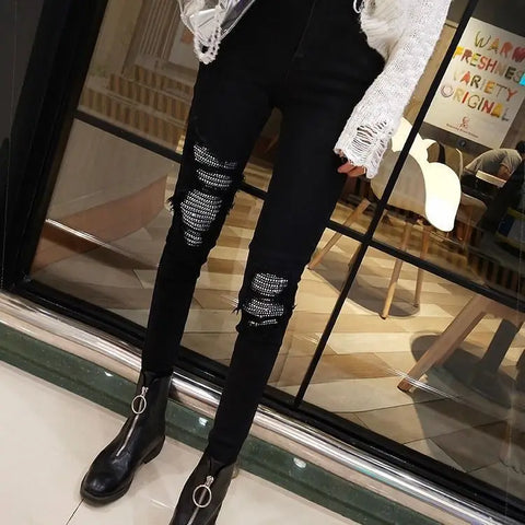 High-Waisted Sequined Hole Skinny Jeans – Casual Streetwear Style