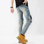 Ripped Patchwork Biker Jeans with Zipper Detailing - Slim Fit Moto Style