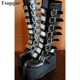 Get Your Feet in These Cool Black Gothic Style Punk Calf Motorcycle Boots with Comfy Flat Platform Heels