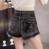 High-Waisted Sequin Denim Shorts with Tassel and Patchwork – High Street Style