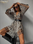 Leopard Print Sexy Deep V-Neck Long Flare Sleeve Ruffle Dress