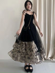 French Vintage Gothic Black Spaghetti Strap Dress with Lace