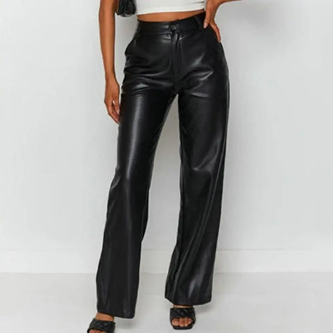 Vintage High-Waisted Faux Leather Pants – Loose Fit with Comfortable Elastic Waist