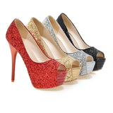 Peep Toe Sequined Platform High Heels with Thin Heels