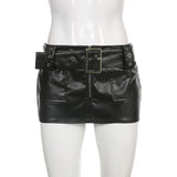 Slim PU Leather Mini Skirt with Sashes – Retro Streetwear Style