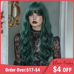 Dark Green Long Curly Wig with Bangs – 28-Inch Wavy Synthetic Hair