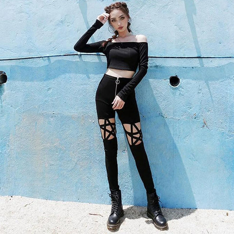 Gothic Black Skinny Pants with Hollow-Out Pentagram Design and Sequined Details