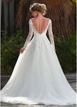 Classic Long-Sleeve Lace Appliques Wedding Gown with Sweep Train