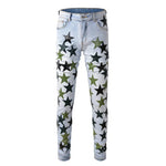 High-Quality Slim Fit Stretch Jeans with Distressed Leather Star Patchwork