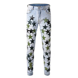 High-Quality Slim Fit Stretch Jeans with Distressed Leather Star Patchwork