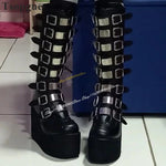 Get Your Feet in These Cool Black Gothic Style Punk Calf Motorcycle Boots with Comfy Flat Platform Heels