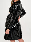 Glossy Patent Leather Trench Coat Dress - Gothic Faux Latex with Belt & Pockets