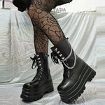 Sexy Gothic Black Boots for Women with High-Quality Leather, Chunky Heel, and Chain Detail