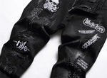 High-Quality Black Denim Biker Jeans with Skull Design - Slim Fit Casual Style