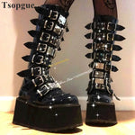 Get Your Feet in These Cool Black Gothic Style Punk Calf Motorcycle Boots with Comfy Flat Platform Heels