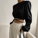 Elegant Satin Backless Lace-Up Crop Top with Lantern Sleeves