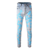 High-Quality Slim Fit Stretch Jeans with Distressed Leather Star Patchwork