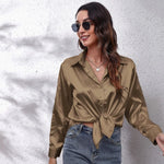 Satin Imitation Silk Button-Up Blouse – Loose Fit Long Sleeve