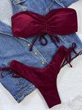 Plain Ruched Drawstring Bandeau Bikini Swimsuit - Alt Style Clothing