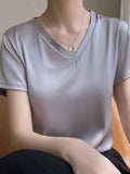 Elegant Satin Silk Top - V-Neck and Short Sleeves, Thin Shirt Design - Alt Style Clothing