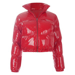 Shiny Patent Leather Short Jacket – Stand-Up Collar with 95% Duck Down Filling