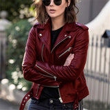 Black Faux Leather Biker Jacket with Belt and Zipper