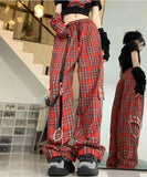 Gothic Checkered Cargo Plaid Pants - Women's Punk Wide-Leg Trousers