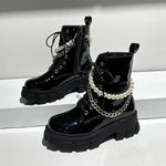 Platform Leather Ankle Motorcycle Boots with Pearl Chain – Stylish Designer Ladies' Shoes