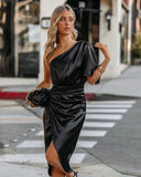 Silk Robe Satin Short Sleeve One Shoulder High Split Ruched Dress - Alt Style Clothing