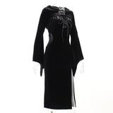 Gothic Vintage Black Dress with Batwing Sleeves and Bow Detail