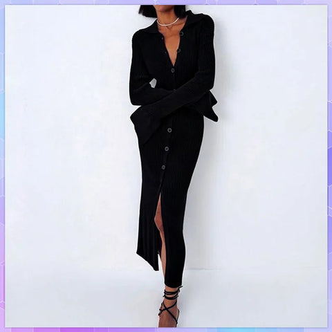Long Sleeve Bodycon Knitted Maxi Sweater Lady Elegant Long Dress