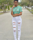 High-Waisted Ripped Skinny Jeans – Light Blue Stretch Denim Pencil Pants