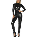 Metallic Zip Front Mock Neck Catsuit - Faux Leather Bodysuit Halloween Costume