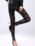 Gothic Leggings with PU Leather Stitching and Hollow Lace Details