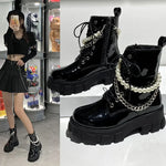 Platform Leather Ankle Motorcycle Boots with Pearl Chain – Stylish Designer Ladies' Shoes