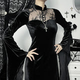Long Dress High Waist Flared Sleeve Lace Cutout Gothic Maxi Dress
