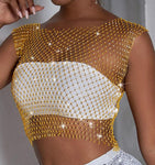 Mesh Crop Top Rhinestones Party See Through Fishnet - Alt Style Clothing