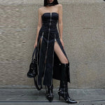 Goth Dark Techwear Zip Up Midi Split Tube Dress - Strapless, A-Line Silhouette