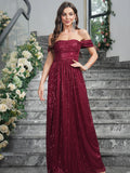 Shimmering Backless Off-Shoulder Prom Gown with High Slit