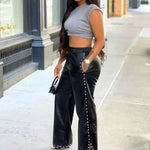 High-Waisted Studded PU Leather Wide Leg Pants – Bold Style with Pocket Detail