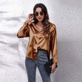 Satin Imitation Silk Button-Up Blouse – Loose Fit Long Sleeve