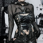 Gothic Lace Vintage Long Sleeve Pu Leather Mesh Top