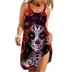 Vintage Skull Face Sleeveless Lace-Up Halter Mini Dress - Edgy and Effortless