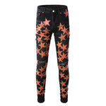 High-Quality Slim Fit Stretch Jeans with Distressed Leather Star Patchwork